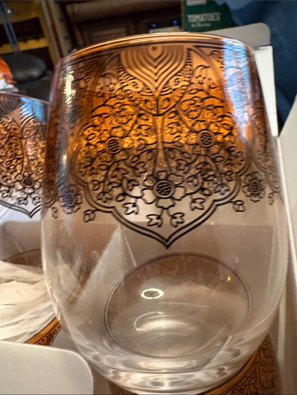 LSA Clear Hand-Painted Brownish Rust Art Noveau Stemless Wine Glasses